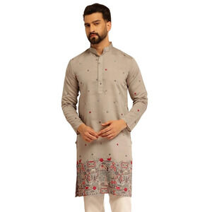 Embroidered Pakistani/Indian Kurta Grey Floral Nature Men's Cotton Daman 2XL